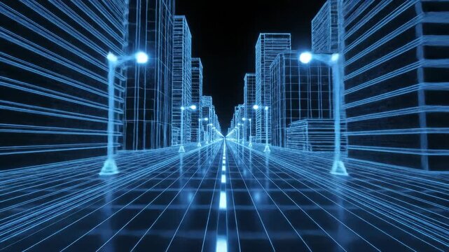 Abstract cityscape with wireframe buildings and illuminated street