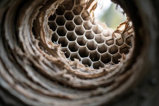 Macro view zooming inside an empty wasp nest showing intricate paper layers and hexagonal cells