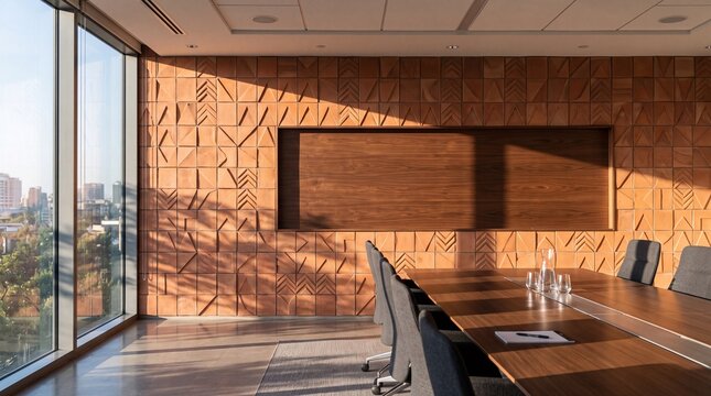 Modern Boardroom Interior with Textured Wall and Conference Table