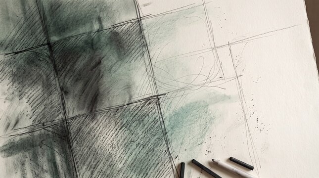 Charcoal Sketch on Textured Paper with Drawing Tools