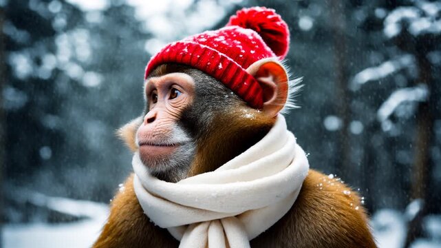 Monkey portrait in knitted winter clothes hat and scarf, animal in snowfall in winter AI Generative