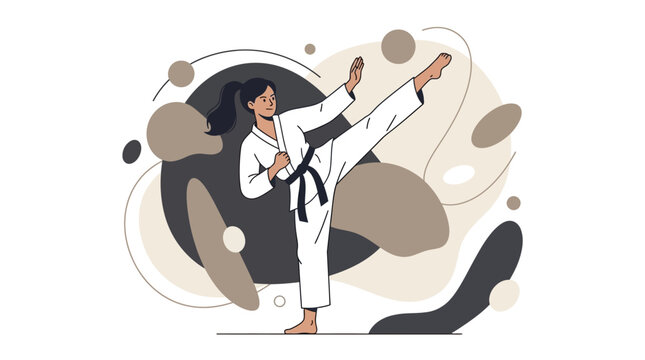 Karate practitioner performs a high kick while wearing a traditional uniform and a black belt.