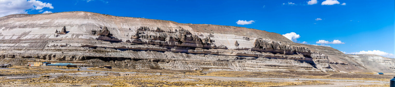 A panorama view across the Patahuasi Stone Forest on the route from Arequipa toward the Colca Canyon in the Andes mountains of southern Peru in the dry season