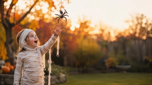 Girl in Mummy Costume Reaching Toward Hanging Spider in Autumn Garden