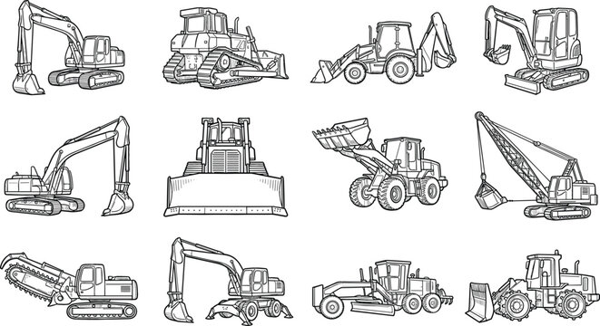Heavy Construction Machinery Line Art Vector Set with Excavators Bulldozers Loaders and Earth Moving Equipment Icons