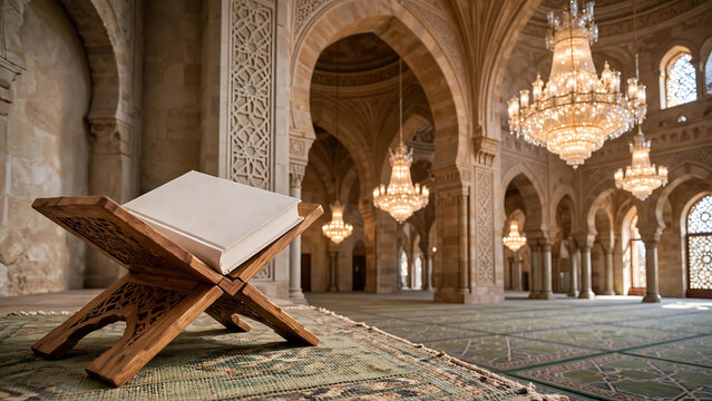Holy Quran book on traditional wooden rehal stand inside a magnificent mosque with elegant chandeliers and architectural arches