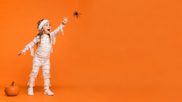 Little Girl in Mummy Costume Reaching for Hanging Spider on Orange Halloween Background
