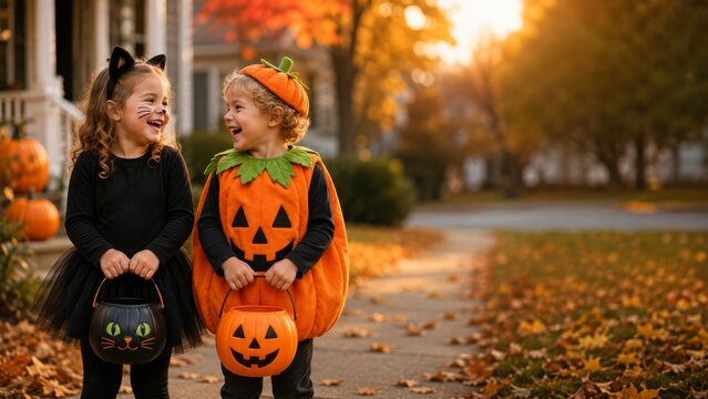 Children in Black Cat and Pumpkin Costumes Laughing on Halloween Porch