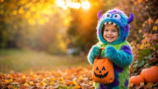 Happy Toddler in Colorful Monster Costume Holding Pumpkin Trick or Treat Bag