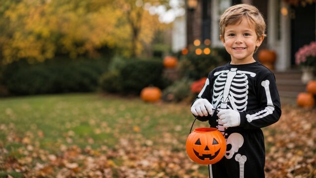 Smiling Boy in Skeleton Costume Holding Pumpkin Bucket Outdoors