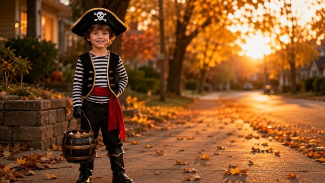 Boy in Pirate Costume Holding Halloween Treat Bucket on Autumn Street