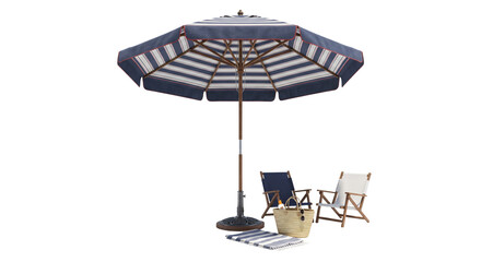 Striped patio umbrella with folding chairs and beach accessories © Kate