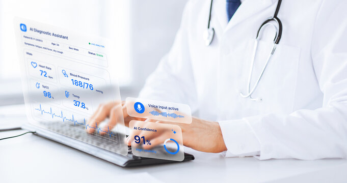 AI medical diagnostic dashboard floating beside doctor using computer in modern healthcare workspace