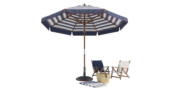 Striped patio umbrella with folding chairs and beach accessories