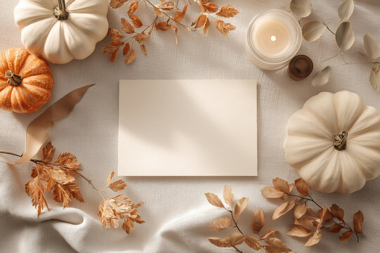 Flat Lay Mockup with Blank Card White Pumpkins Scented Candle and Autumn Leaves