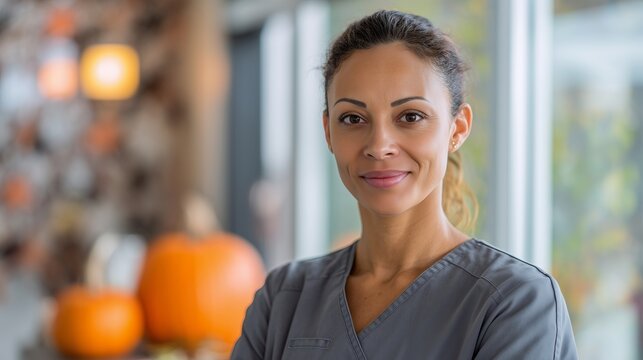 Portrait of Smiling Female Healthcare Professional Wearing Grey Medical Scrubs