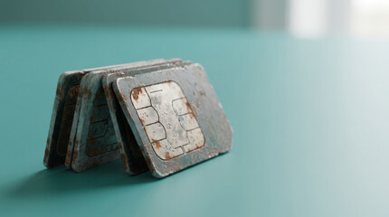 Rusty old sim card stack on teal surface with soft natural light creating nostalgic and worn feeling © Nakarin