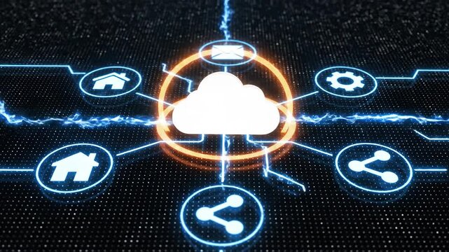 Abstract cloud computing graphic with connected icons and digital background