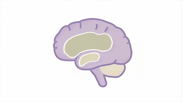 Animated brain cross-section with ventricles, medical education illustration showing cerebrospinal fluid circulation in purple and green colors