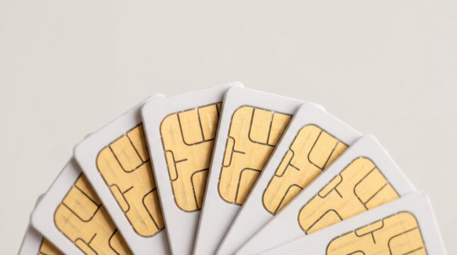 Micro SIM cards arranged in fan shape on white background, showing golden chip contacts clearly