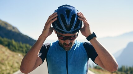Naklejka premium Cyclist adjusts helmet while preparing for ride in mountain area on a sunny day