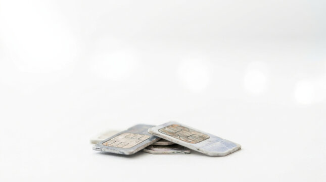 Micro cards macro shot with worn and scratched surface on white background showing close up detail and texture
