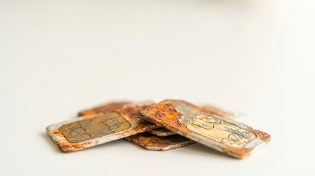 Rusted micro cards piled with corroded metal chips on white surface showing decay and neglect