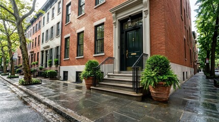 Fototapeta premium Red brick corner townhouse with wet sidewalk and planters