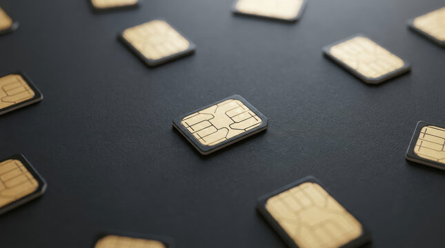 Sim card close up on black surface, technology concept with multiple sim cards, communication and connectivity symbol