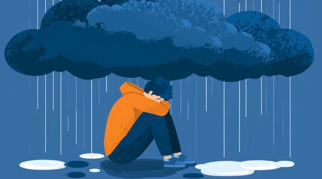 sad lonely teenage boy sitting alone under a rainy cloud illustrated animation