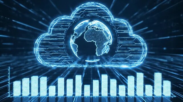 Abstract cloud computing graphic with globe and data visualization