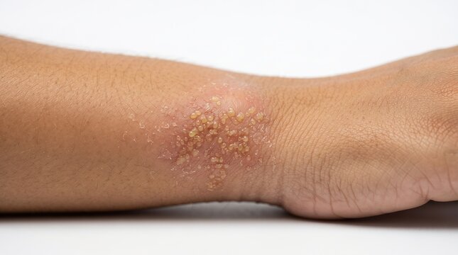 Close up of human wrist covered with severe contact dermatitis poison ivy or dyshidrotic eczema blisters