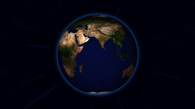 Realistic Earth globe radiates glowing blue digital data streams. Continental planetary orbits frame this realistic Earth globe. International satellite communication routes on Earth globe.