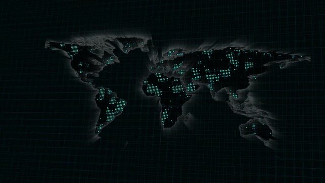Digital world map displays glowing turquoise data points on grid. Global telecommunication networks route on the digital world map. International cyber tracking covers this digital world map.