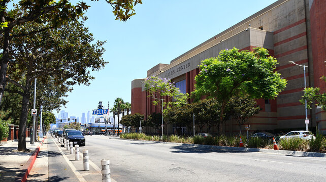 Los Angeles, California &ndash; July 28, 2026: Exterior view of USC Galen Center sports arena and Historic Chevrolet dealership with iconic Felix the Cat sign in the background