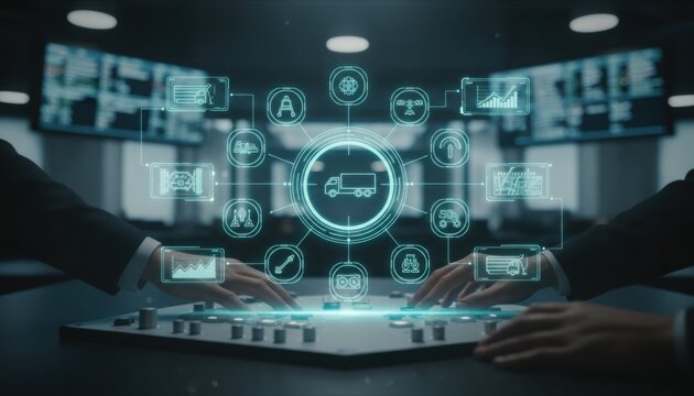 Close up of hands operating a futuristic control panel with a glowing holographic interface for truck logistics and supply chain management in a high-tech command center