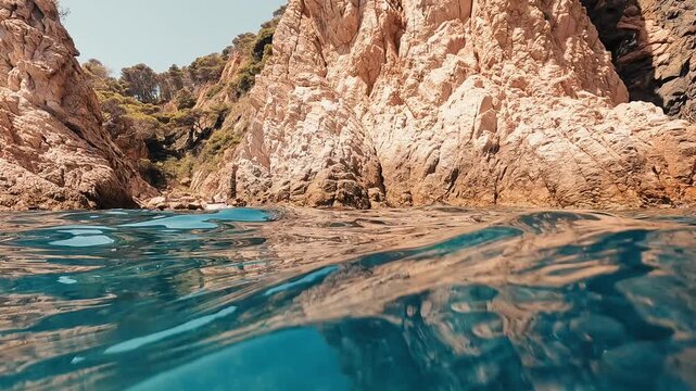 V&iacute;deo a ras de agua en una cala rocosa de la Costa Brava, con acantilados y mar turquesa.