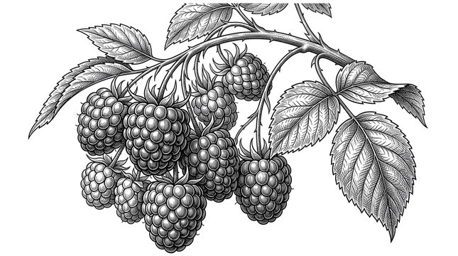 Botanical raspberry vector black white illustration on branch