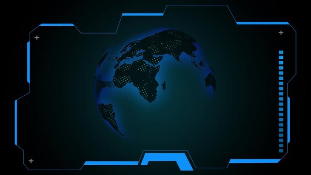 The 3D globe rotates with a blue neon grid and futuristic UI. High tech planetary surveillance monitors this 3D globe. Worldwide digital network data connects the 3D globe.
