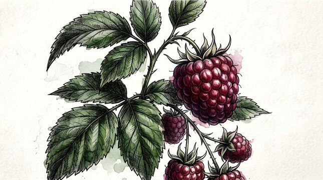 Raspberry vector black white botanical plant illustration