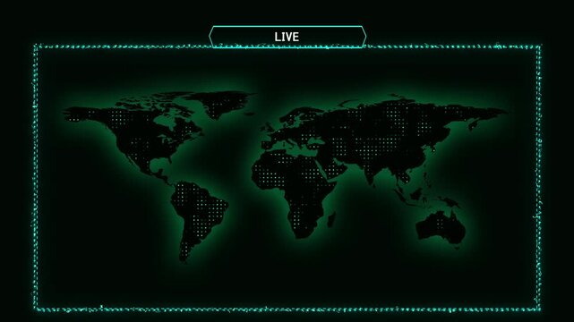 Digital world map glows in green neon with live broadcast text. Global breaking news reporting streams over the world map. Television media network overlays run on this world map.