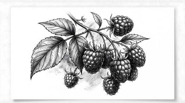 Raspberry vector black white hand drawn berries on a branch