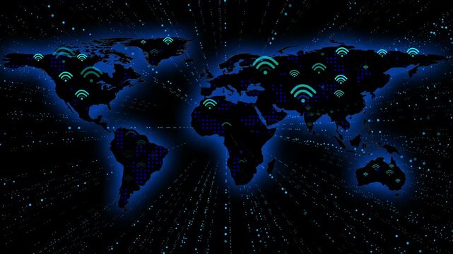 World map network connectivity displays glowing Wi-Fi symbols. Global wireless internet telecommunications link the world map. Worldwide cyber access points connect to this world map.