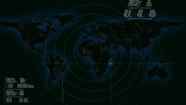 Digital world map displays radar circles and live status data. Global network telemetry coordinates track on the world map. High tech surveillance systems monitor this digital world map.