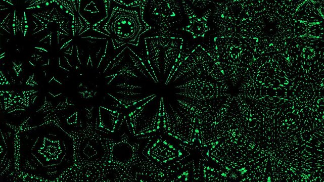Abstract green geometric patterns pulse with glowing light rays. Modern digital vector graphics form these geometric patterns. Dynamic cyber visual art animates the geometric patterns.
