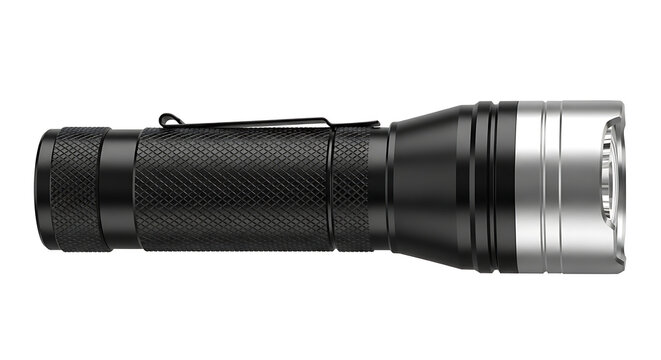 Black tactical flashlight turned on