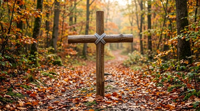 Wooden cross standing in a forest path covered with autumn leaves.