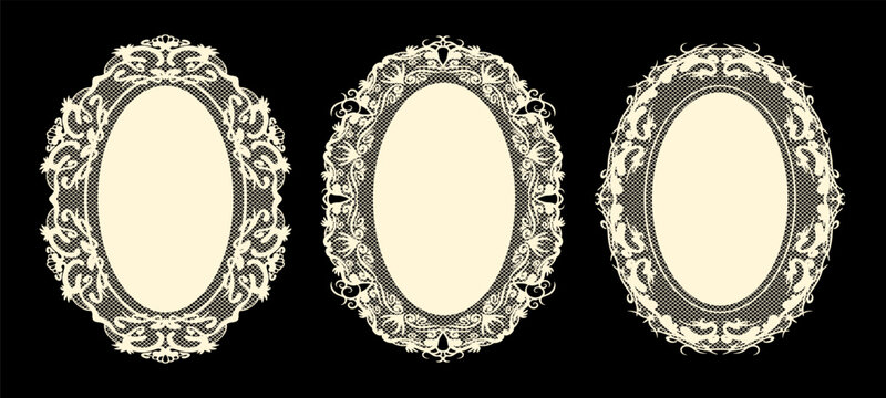 Lace oval frame with crochet doily border. Vintage floral filigree pattern for wedding or greeting card design. Vector set