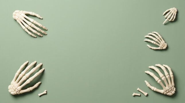 Flat lay composition of multiple human skeleton hands arranged on a solid sage green background for halloween