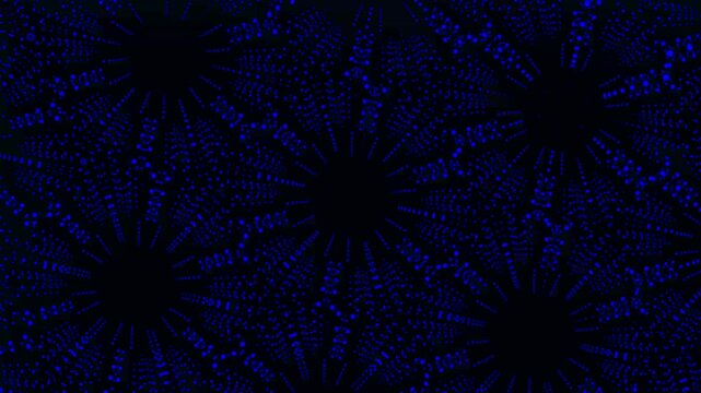 Repeating blue dot starbursts pulse across a dark cosmic space. Symmetrical geometric particles animate the dot starbursts. Hypnotic abstract light rays fill these blue dot starbursts.